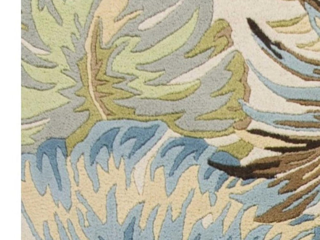 7' Ivory And Blue Wool Botanical Leaves Hand Tufted Round Rug