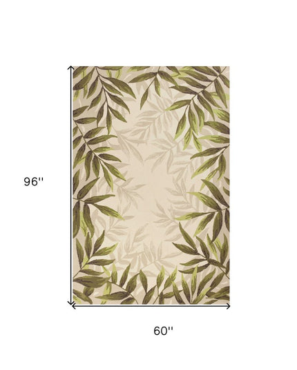 8' X 11' Ivory And Green Wool Botanical Leaves Hand Tufted Area Rug