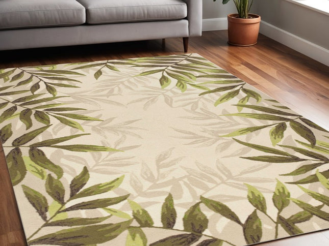 8' X 11' Ivory And Green Wool Botanical Leaves Hand Tufted Area Rug