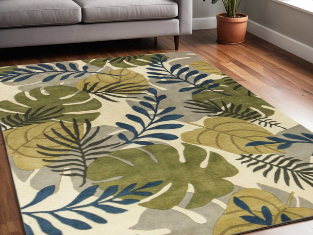 8' X 11' Ivory Green And Blue Wool Botanical Leaves Hand Tufted Area Rug