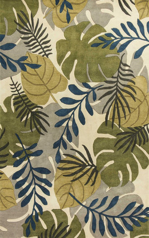 8' X 11' Ivory Green And Blue Wool Botanical Leaves Hand Tufted Area Rug