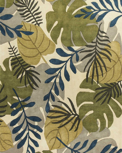 8' X 11' Ivory Green And Blue Wool Botanical Leaves Hand Tufted Area Rug