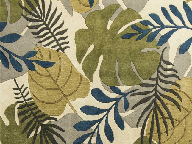 8' X 11' Ivory Green And Blue Wool Botanical Leaves Hand Tufted Area Rug