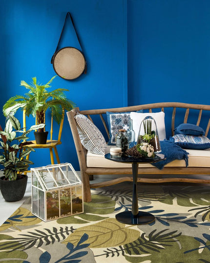 8' X 11' Ivory Green And Blue Wool Botanical Leaves Hand Tufted Area Rug