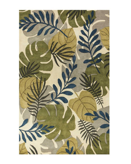 8' X 11' Ivory Green And Blue Wool Botanical Leaves Hand Tufted Area Rug