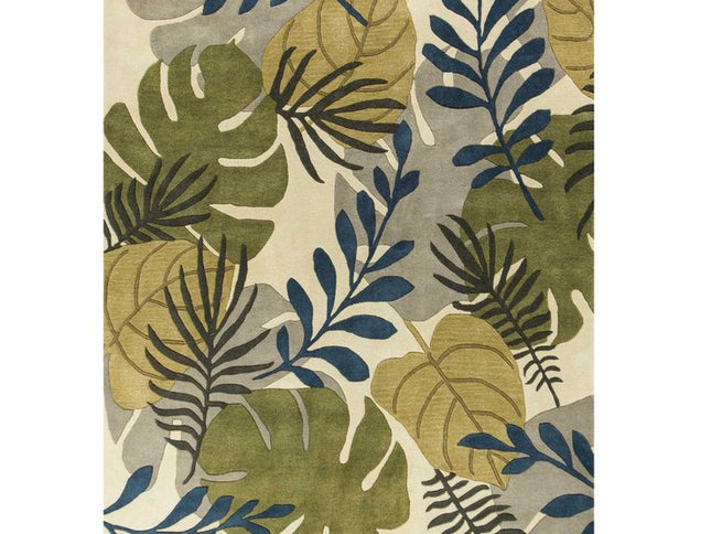 8' X 11' Ivory Green And Blue Wool Botanical Leaves Hand Tufted Area Rug
