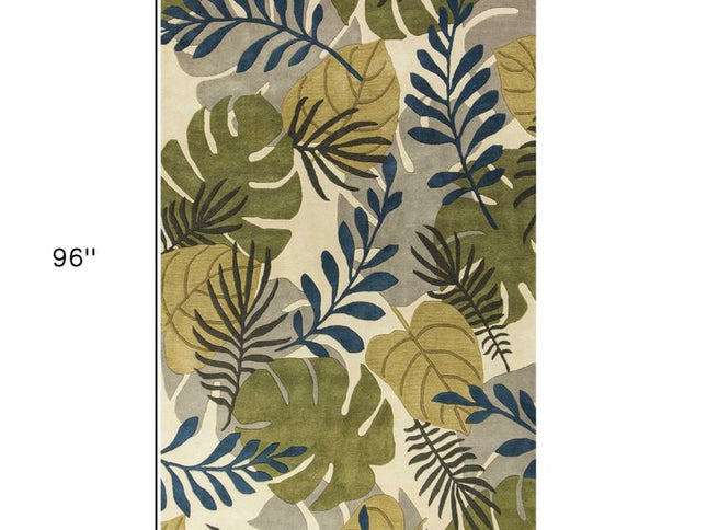 8' X 11' Ivory Green And Blue Wool Botanical Leaves Hand Tufted Area Rug