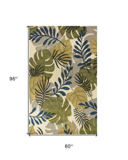 8' X 11' Ivory Green And Blue Wool Botanical Leaves Hand Tufted Area Rug