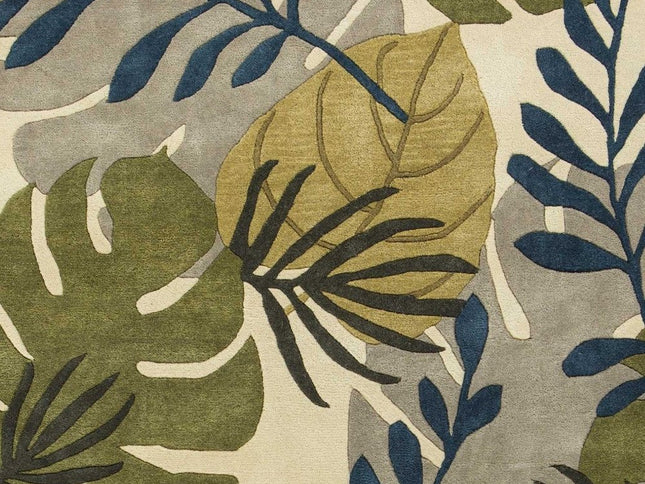 8' X 11' Ivory Green And Blue Wool Botanical Leaves Hand Tufted Area Rug