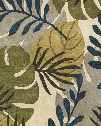 8' X 11' Ivory Green And Blue Wool Botanical Leaves Hand Tufted Area Rug