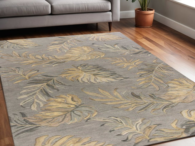 3' X 5' Gray And Taupe Wool Botanical Leaves Hand Tufted Area Rug