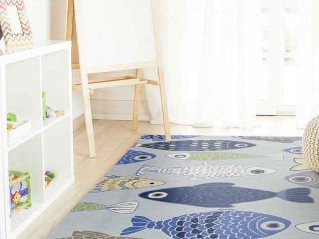 7' X 9' Blue Ivory And Green Fish Hand Tufted Area Rug