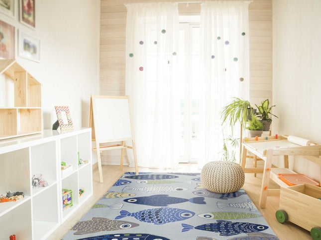 7' X 9' Blue Ivory And Green Fish Hand Tufted Area Rug