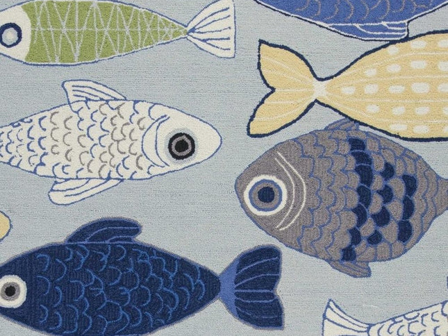 7' X 9' Blue Ivory And Green Fish Hand Tufted Area Rug