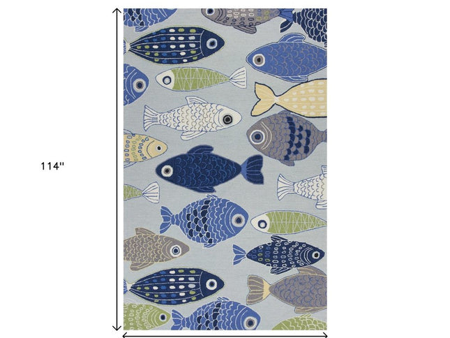 7' X 9' Blue Ivory And Green Fish Hand Tufted Area Rug