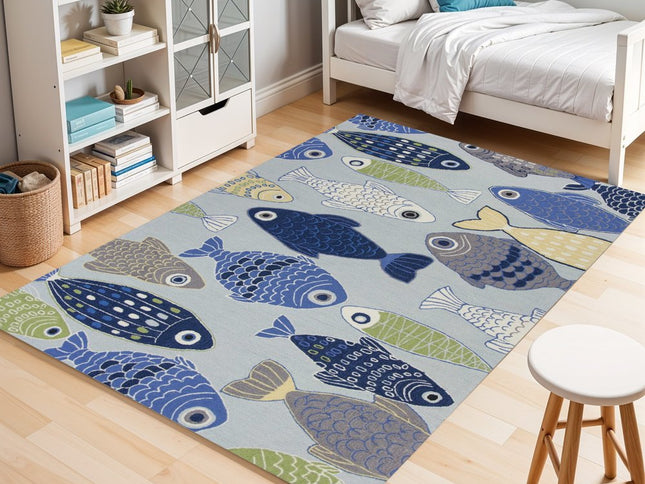 7' X 9' Blue Ivory And Green Fish Hand Tufted Area Rug