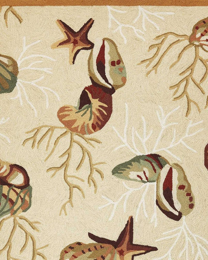 7' X 9' Beige Green And Brown Seashell and Coral Hand Tufted Area Rug