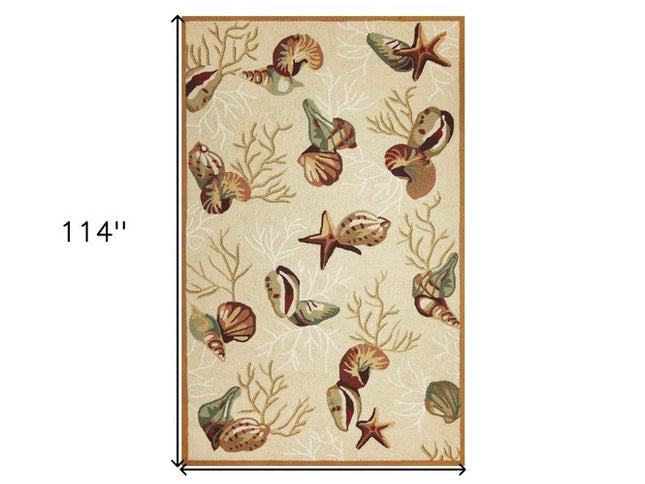 7' X 9' Beige Green And Brown Seashell and Coral Hand Tufted Area Rug