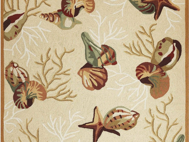 7' X 9' Beige Green And Brown Seashell and Coral Hand Tufted Area Rug