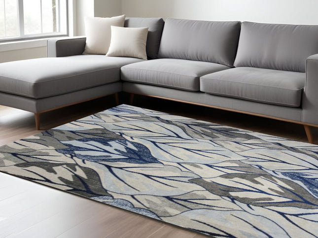 10' X 13' Gray And Navy Blue Botanical Leaves Area Rug
