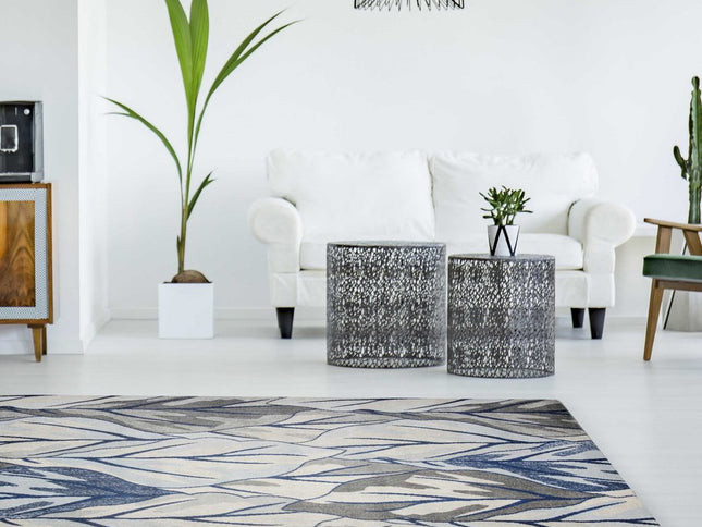 10' X 13' Gray And Navy Blue Botanical Leaves Area Rug