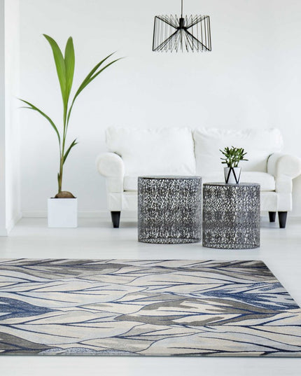 10' X 13' Gray And Navy Blue Botanical Leaves Area Rug