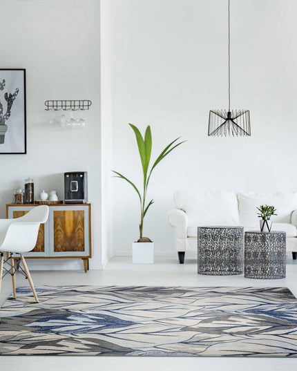 10' X 13' Gray And Navy Blue Botanical Leaves Area Rug