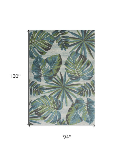 9' X 13' Beige Teal And Green Tropical Botanical Area Rug