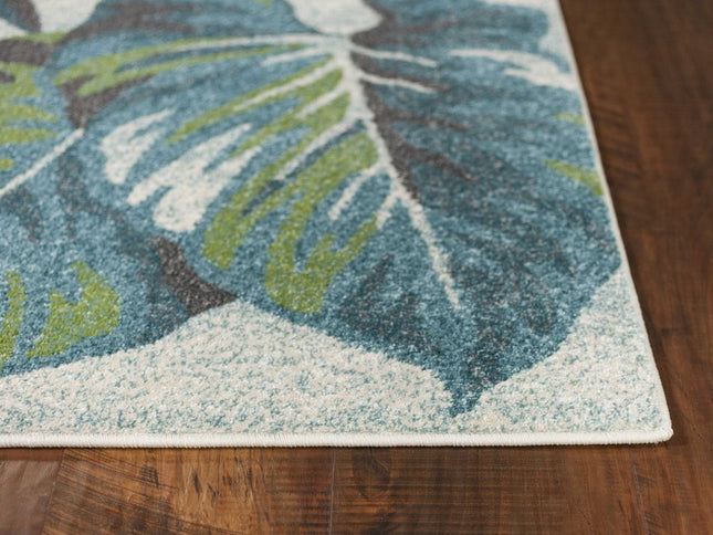 9' X 13' Beige Teal And Green Tropical Botanical Area Rug