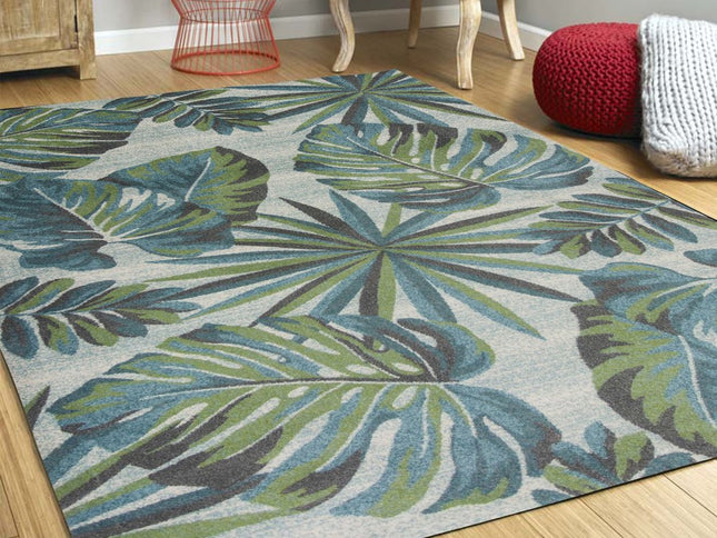 9' X 13' Beige Teal And Green Tropical Botanical Area Rug