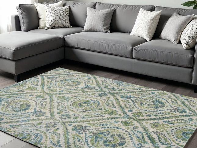 9' X 13' Green Ivory And Teal Medallion Area Rug