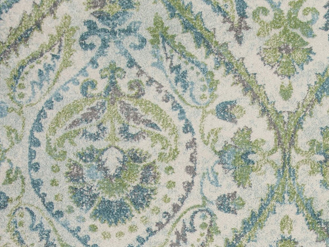 9' X 13' Green Ivory And Teal Medallion Area Rug