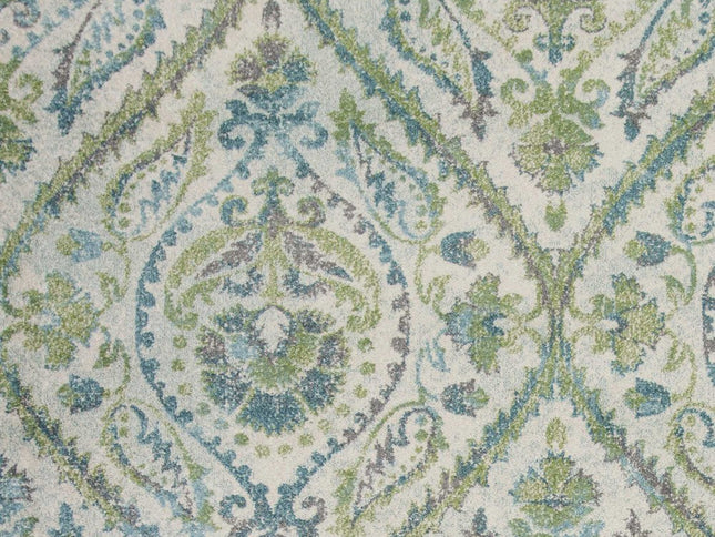 9' X 13' Green Ivory And Teal Medallion Area Rug