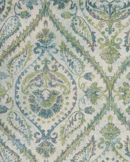 9' X 13' Green Ivory And Teal Medallion Area Rug