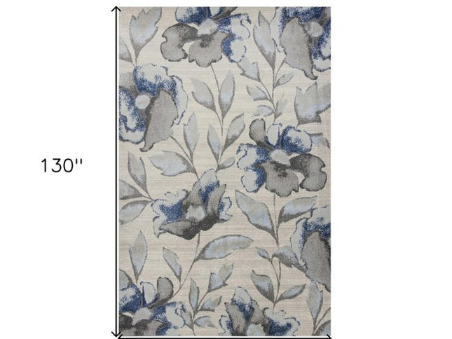 7' X 10' Ivory Blue And Gray Floral Vines Area Rug