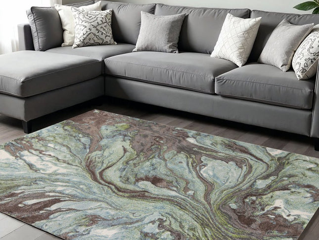 5' X 8' Green And Brown Abstract Area Rug