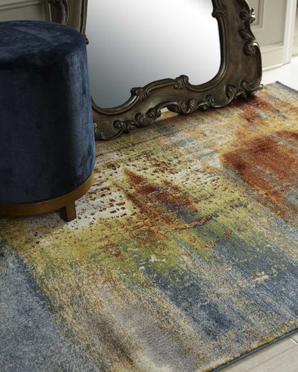 8' X 11' Blue Rust And Orange Abstract Area Rug