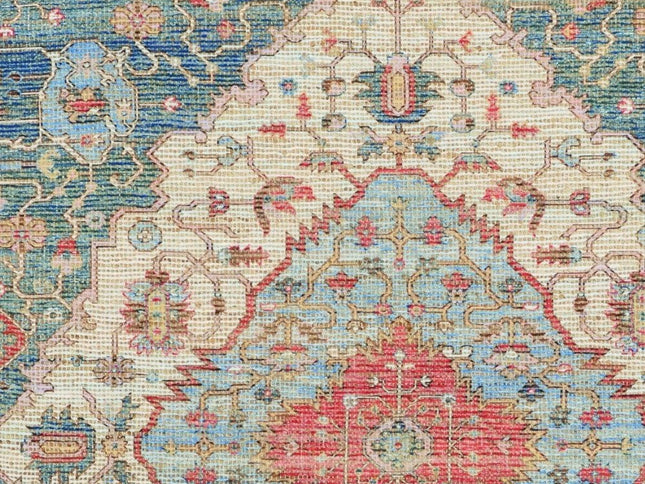 5' X 7' Blue Beige And Brick Red Jute Medallion Hand Woven Distressed Area Rug