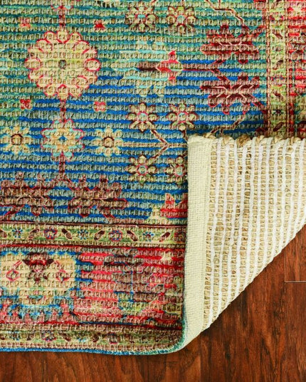 5' X 7' Blue Red And Beige Floral Medallion Hand Woven Distressed Area Rug