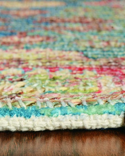 5' X 7' Blue Red And Beige Floral Medallion Hand Woven Distressed Area Rug