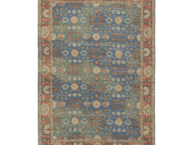 5' X 7' Blue Red And Beige Floral Medallion Hand Woven Distressed Area Rug