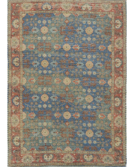 5' X 7' Blue Red And Beige Floral Medallion Hand Woven Distressed Area Rug