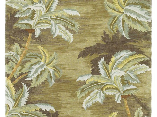 8' Moss Green And Yellow Wool Tropical Botanical Hand Tufted Round Rug