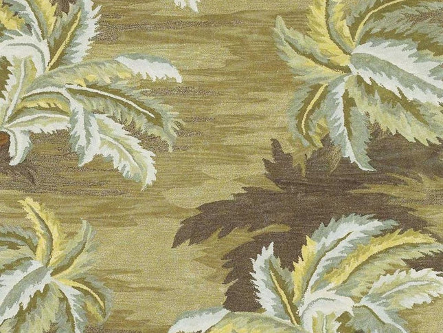 8' Moss Green And Yellow Wool Tropical Botanical Hand Tufted Round Rug