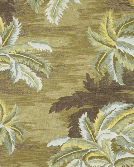 8' Moss Green And Yellow Wool Tropical Botanical Hand Tufted Round Rug