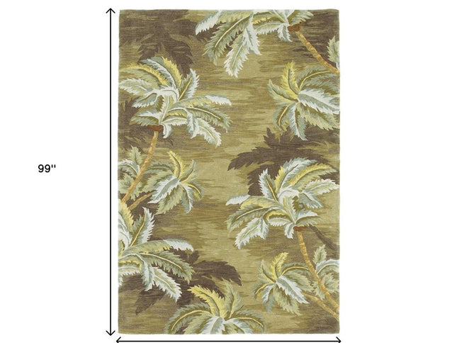 8' Moss Green And Yellow Wool Tropical Botanical Hand Tufted Round Rug