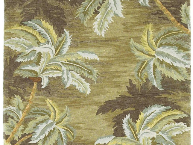 8' Moss Green And Yellow Wool Tropical Botanical Hand Tufted Round Rug