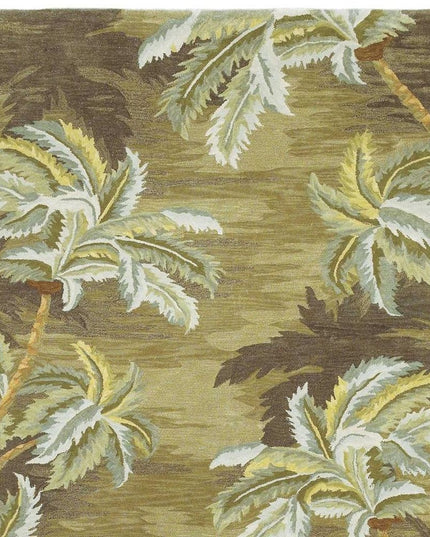 8' Moss Green And Yellow Wool Tropical Botanical Hand Tufted Round Rug