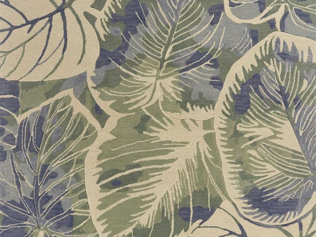 7' X 9' Blue Green And Beige Wool Tropical Botanical Hand Tufted Area Rug