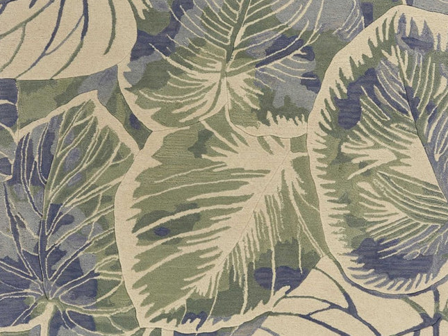 7' X 9' Blue Green And Beige Wool Tropical Botanical Hand Tufted Area Rug